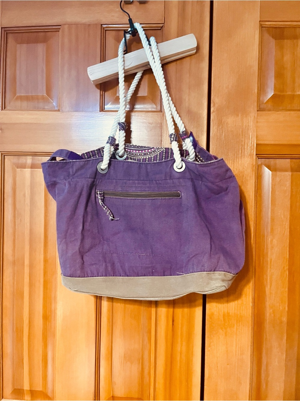 Purple Canvas Tote with Rope Handles and Tan Base